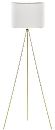 Lampadaire Design Trépied Blanc et Doré en Tissu et Métal avec Abat-jour Type Cylindre E27 Max 40W pour Éclairage de Chambre ou Salon Glamour Beliani