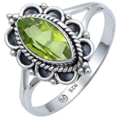 mantraroma Peridot Silberring Damen 925 – Facettierter Edelstein Ring Vintage Design