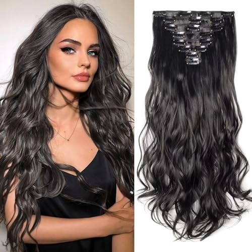 TESS Clip in Extensions wie Echthaar Haarteile günstig Haarverlängerung 8 Tressen 18 Clips Haarteil Gewellt 24(60cm)-140g Schwarz