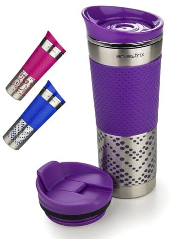 Arvestrix Travel Mug – Insulated Coffee Cup, 450ml Stainless Steel Flask | Leakproof, Double-Walled, Reusable | Keeps Drinks Hot & Cold | for Coffee, Tea & Smoothies | Cup Holder Friendly (Purple)