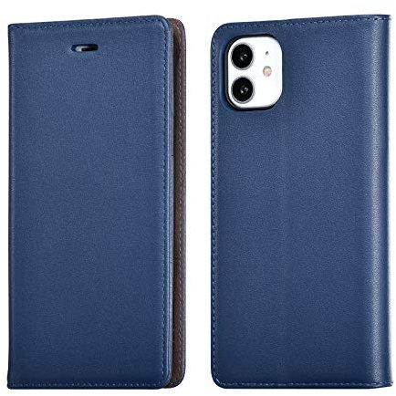 UEEBAI Case for iPhone 11 6.1 inch, Genuine Leather Flip Case with RFID Blocking Luxury Vintage Wallet Cover Soft TPU Shell Card Slots Magnetic Closure Kickstand Protective Case for iPhone 11 - Blue