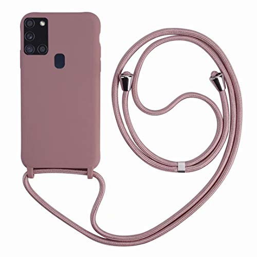 2ndSpring Handykette Schutzhülle kompatibel mit Samsung Galaxy A21S Handyhülle mit Band,Halsband Lanyard Silikonhülle,Soft Silikon Rose Gold
