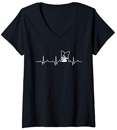 Damen Border Collie Mom Funny Border Collie Herzschlag EKG T-Shirt mit V-Ausschnitt