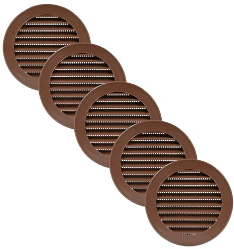 Vent Systems 100 mm / 4 Inch Round Soffit Vent Cover - Pack of 5 - Brown Louvered Plastic Grill Cover - Vent Grille with Screen Mesh - HVAC, Ducting, Pipe Air Supply Vents for Bathroom, Kitchen