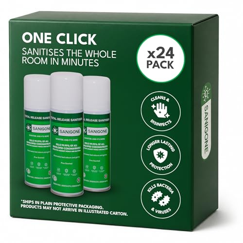 Sanigone TOTAL RELEASE Room Sanitising Mist - 1-Click Disinfectant 200ml Spray Can | Eliminates 99.99% of Viruses & Bacteria | Effective against Mould, Bad Odours and Germs | Pine Scented (24x Pack)