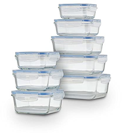 KHG Aufbewahrungsdosen 8-teilig aus Glas, Deckel aus BPA-freiem Polyprophylen, auslaufsicher, spülmaschinenfest, stapelbar, mikrowellen-, ofen- und tiefkühlgeeignet