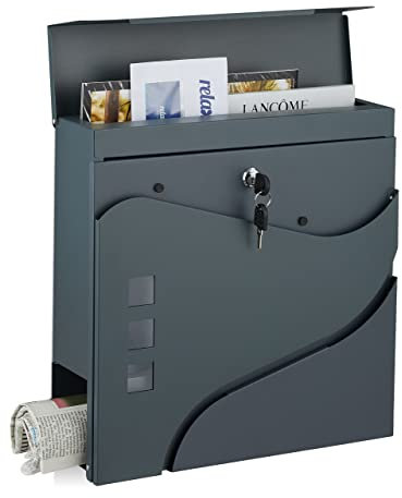 Relaxdays Briefkasten mit Zeitungsfach, Wand-Postkasten mit Sichtfenster, HBT 37x37x11cm, Stahl, 2 Schlüssel, anthrazit