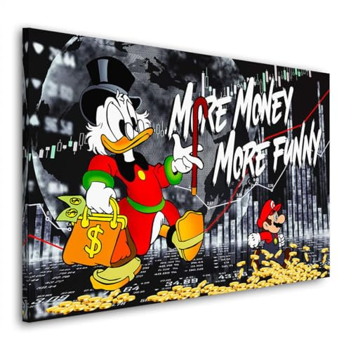 Kunstgestalten24 | Dagobert Pop Art Leinwandbild mit Mario – More Money More Funny – mit hochwertigem Echtholz-Keilrahmen – Börse & Comic Street Art | 120x80cm, 4cm Rahmentiefe