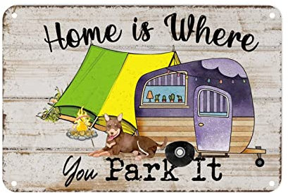 Aquarellschild mit Aufschrift Home Is Where You Park It, Metallschild, Sommerurlaub, rustikale Wandkunst, Dekoration für Schlafzimmer, Café, Bar, Büro, Garage, Geschenke für Camping-Liebhaber, 20,3