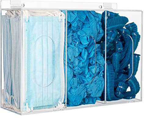 KOEMEHR Redecilla para el pelo y cubrezapatos, dispensador de 3 compartimentos, dispensador de mascarillas, guantes, soporte de pared con tapa, caja de almacenamiento de acrílico, para máscaras