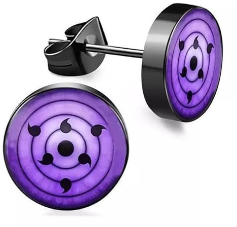 CHICNET Edelstahl Ohrstecker schwarz 8mm rot lila Sharingan Auge Rinnegan Anime Manga Ohr Schmuck Chirurgenstahl Unisex Männer Damen Herren Sasuke Rinnegan