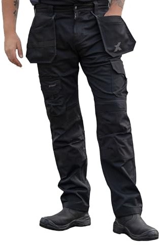Xpert - Pro Stretch+ Work Trousers Mens 32W / 31L Black Tapered Fit Combat Cargo Pants with Stretch Panels, Multi Utility Pockets, Flex Waistband and Knee Pad Pockets