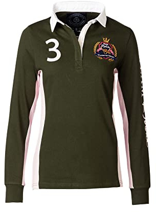 Rydale Ladies Rugby Shirt Women’s Long Sleeve Polo Shirt 100% Cotton Country Embroidered (Muston Olive/Sorbet, 14)