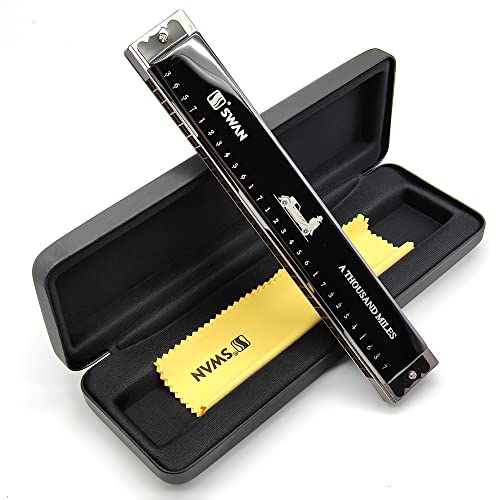SWAN Polyphone Mundharmonika mit 28 Löchern, C-Taste, mit JP-importierter Bronze-Klangfeder, fortschrittliche Tremolo-Mundharmonika für Anfänger, professionelle Spieler (schwarz)