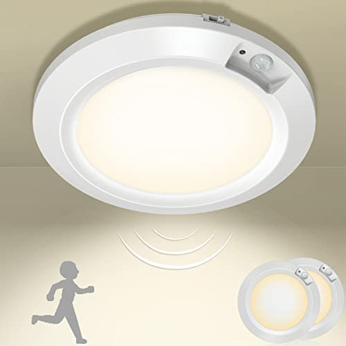 Bemexred Veilleuses LED à Piles Lumière à Détection de Mouvement, Sans Fil Lampe de Plafonnier intérieur pour Placard Couloir Armoire Sous-sol d'escalier - 3000k, Set de 2