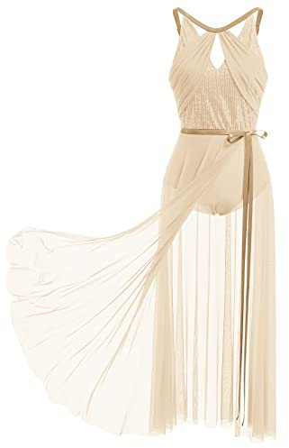 FYMNSI Damen Lyrisch Tanzkleid Ballettkleid ?rmellos Pailletten Trikot Mit Wickelrock Maxikleid T?ll Langes Trikotkleid Modern Contemporary Tanzkost?me Turnanzug B?hnenanzug Kost?m Champagner L