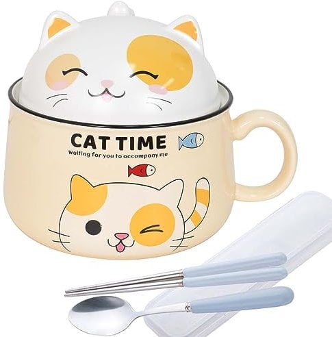 Ramen Schüssel, Japanische Ramen Bowl Set - Schüssel Ramen Set, 1020mL Ramen Schüssel mit Deckel, Keramik Schüssel Instant Nudelschale Suppenschale, Dessertschalen Nudeln Suppe (Gelb)