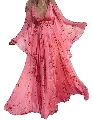Générique Robe Femme Chic et Elegant Soiree Femmes Nouveau col en V Floral Rose Jupe Longue Femmes Enceintes Robe balançoire Jupe décontractée Robe De Noël