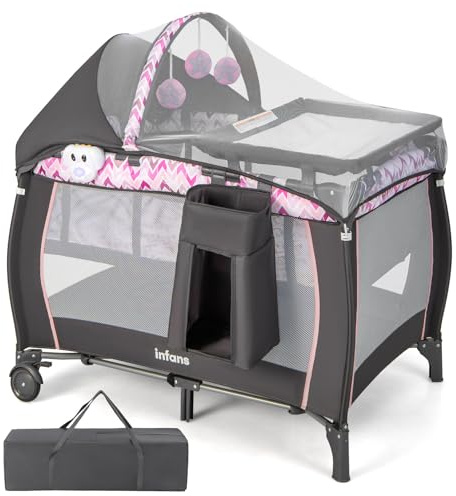 INFANS 4 in 1 Travel Cot, Portable Baby Playard with Bassinet, Changing Table, Canopy, Mosquito Net, Music Box, Storage Bag, Ideal for Newborn to Toddlers (Pink)