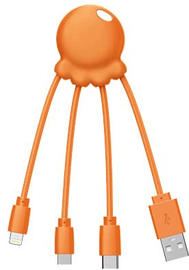 Xoopar Octopus - Câble Multi USB 4 en 1 en Forme de Pieuvre - Chargeur Universel en Plastique Recyclé - Prise USB-C, Lightning, USB-A, Micro USB pour Smartphone - Orange