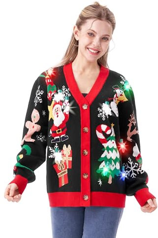 Giggling Getup Ugly Sweater Cardigan für Damen, Weihnachts-LED-Leucht-Rudolph-Rentier-Strickpullover, integrierte Glühbirnen