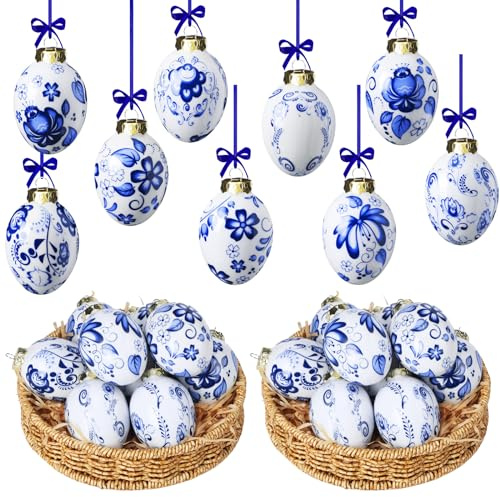 Funtery Porzellan-Ornamente, Chinoiserie Ostereier-Deko, Anhänger für Osterbaum, Keramik-Hängeornamente, 9-teiliges Set, Blau/Weiß (Ei-Stil)