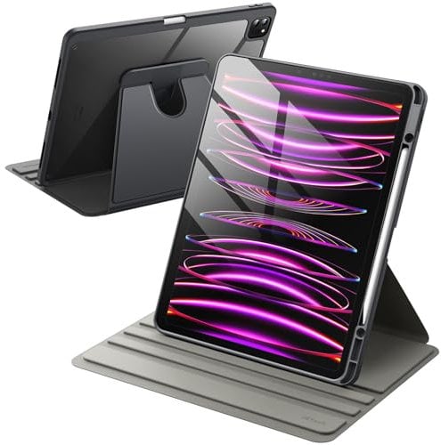 JETech Rotierende Hülle für iPad Pro 12,9 Zoll (2022/2021/2020/2018) mit Stifthalter, 360 Grad Drehbare Schutzhülle Ständer Transparente Rückseite, Auto Wachen/Schlafen (Space Grau)