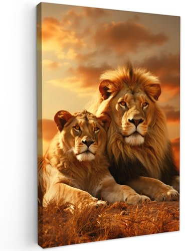 MuchoWow© Leinwandbild 60x90 cm Dekoration Wohnzimmer Bilder Aufhängen Wall Decoration Living Room Wohnungs Deko Moderne Löwen - Sonnenuntergang - Afrika - Savanne - Tiere