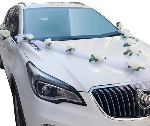 ZSMJAER Décoration de Voiture Mariage, Blanche Guirlande Decoration Voiture Mariage, 9 Pièces Rose Blanche Artificielle, 2 Pièces 1,6 M Tulle Blanc, Décoration Fleur de Mariée Voiture de Mariage
