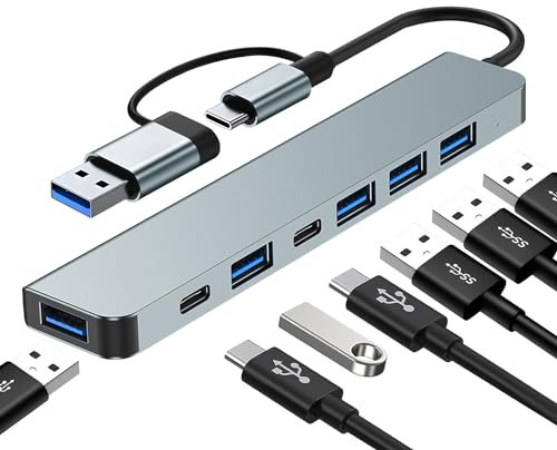 7-in-1 USB C Multiport Adapter Hub With 2 USB-C Data Ports, USB 3.0 & 4 USB 2.0 - Portable for Tablet, Laptop, PS5/PS4, Switch, Printer, Fan, Flash Drive