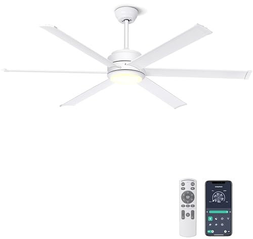 Ohniyou Ventilador de Techo con Luz, Ventilador Industrial de 152 cm, control remoto y aplicación, regulable, motor de CC, ventilador de techo al aire libre para patio, sala de estar, Blanco