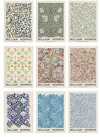 RIUFIN William Morris Wandkunst, Set mit 9 Künstlerdrucken, Wanddekoration, Vintage-Poster, ästhetisches dekoratives Gemälde für Wohnzimmer, Schlafzimmer, rustikale dekorative Malerei (ungerahmt, 25,4