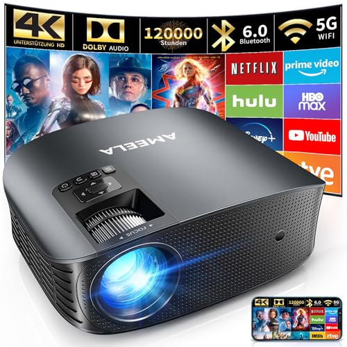 30000 Lumens Beamer, AMEELA Beamer mit WiFi und Bluetooth 5.2, Full HD 1080P Movie Beamer für Dolby Audio Heimkino, 50%-100% Zoom / 300 Display, kompatibel mit Fire/TV Stick/iPhone/PS5