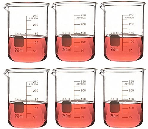 6 vasos de precipitados de vidrio de forma baja, (100 ml, 150 ml, 200 ml, 250 ml, 300 ml) Vaso de laboratorio de borosilicato, vaso de medición de vidrio con graduación y pico vertedor, para laborat