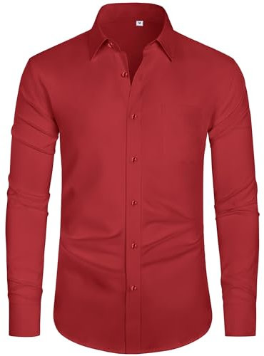 J.VER Men's Long Sleeve Shirts 4-Way Stretch Wrinkle Free Formal Dress Shirt Business Casual Wedding Work Button Down Shirts with Pocket Red XL