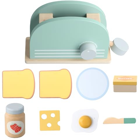 Litinliv 9 STK Kinderküche Z zubehör Holz Toaster, Pop Up Toaster Spielzeug Kinder mit Toast, Spiegelei, Butter und Marmelade, Holzspielzeug Spielküche Zubehör für Kinder ab 3 Jahren