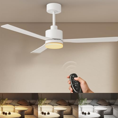 EMKE Deckenventilator mit Beleuchtung und Fernbedienung, 132 cm Leise Motor 35W 6 Geschwindigkeiten Timer LED 18W 3-farbige Lichtregulierung Lampe mit Ventilator Deckenventilatoren Weiß