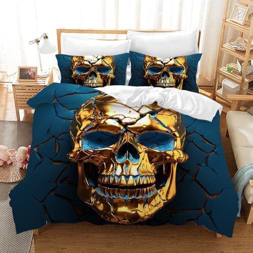 Leleyouzer Totenkopf Bettwäsche Set 135x200 cm,Gothic Einzelbettbezug,Kinder Mikrofaser Bettbezug mit 2 Kissenbezügen 50x75 cm(KL1)