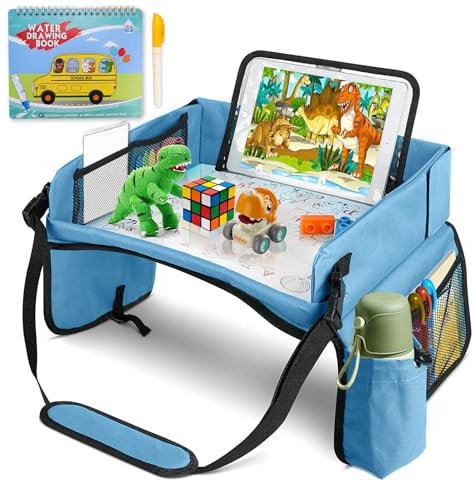WPPQWP Reisetisch Auto Kinder, Doppelfunktion Auto Tisch Kinder mit Transparenter Zeichnungsfilm, Malbuch, Malpinsel, Einstellbar Kindersitz Knietablett Kinder Auto, Spieltisch Auto