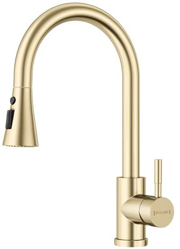 BLYLUND Brushed Gold Kitchen Tap with Pull Out Spray 3 Modes, Single Hole Brass Sink Tap Single Handle High Arc Pull Down Kitchen Sink Taps Mixer for UK Standards Fittings