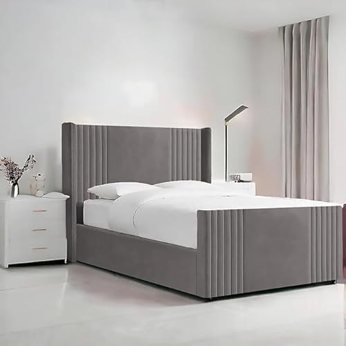 UK Bed Furniture LTD| Velvetto Storage up Ottoman Gas Lift Bed With Vertical Lined Headboard |Cannas Wingback Bed | Single size Plush Velvet upholstery Bed (Steel,Singal Gas Lift)