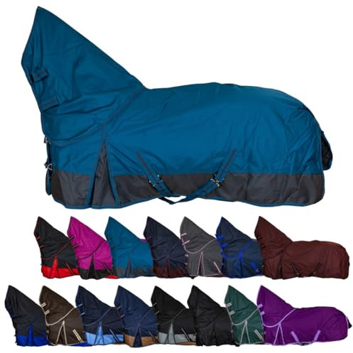 RL24 - Weidedecke Full Neck Basicline 600D Nylonfutter m. Füllung – Pferde Winterdecke – wasserdichte Outdoordecke m. Kreuzbegurtung – Pferdedecke in Petrol/Graphit – Größe 145cm (300g/m²)