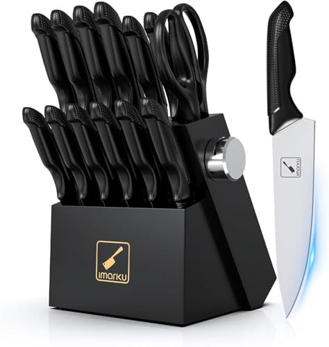 imarku Messerblock mit Messer, 14-TLG Messerset mit Block und Schärfer, Messer Set aus Japanisches Edelstahl mit Ergonomischen Anti-Rutschfester Griff, Spülmaschinenfest, Schwarz