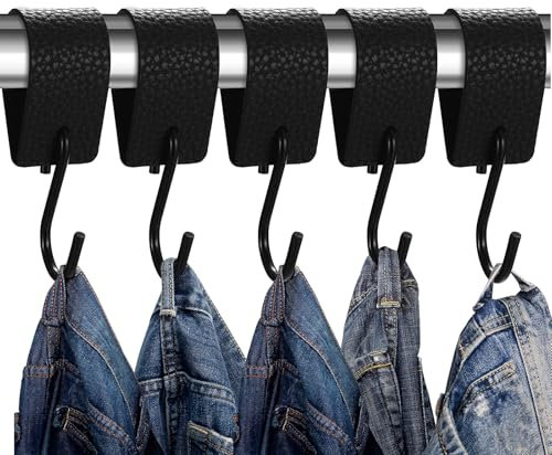 6 Stück S Haken zum Aufhängen, S-Haken Mit Lederschlaufe, Kleiderhaken Garderobe Schwarz, Metall Fleischerhaken für Garderobenhaken zum Einhängen Schwarz, Wandhaken Lederhaken ohne Bohren Haken