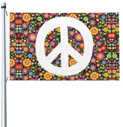 Abucaky Peace-Zeichen Hippie Blumen Druck Flagge 90 x 152 cm dekoratives Banner langlebige Polyester-Flagge für Zuhause drinnen und draußen
