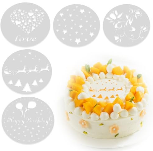5 Stück Kuchendekoschablonen, Kuchen Blumenspray Schablonen, Alles Gute zum Geburtstag, Liebesmuster, Wiederverwendbar, Verwendet für DIY Zuckerpulver Sieb Gebäck Spray Backwerkzeuge (20 * 20cm)