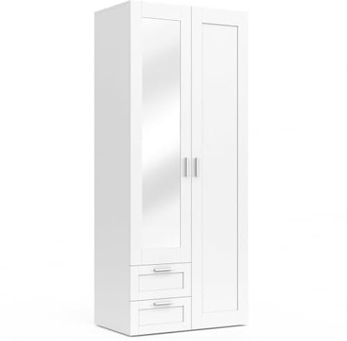 IDMarket - 2-türiger Kleiderschrank VITO weiß 80 cm mit 2 Schubladen, Spiegel und Einlegeböden