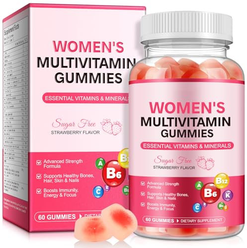 Gummies Multivitamines Femme 60 Comprimés - Sans Sucre + Fer/Biotine/Zinc - Vegan pour Peau Éclat & Énergie - Goût Fraise