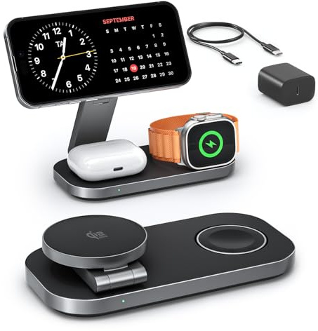3-in-1 Charging Station for Apple Device, Qi2 25W Certified Magnetic Wireless Fast Charger Stand Compatible with MagSafe for iPhone 18/17/16/15/14/13/12/Air/Duo Series, Apple Watch & AirPods