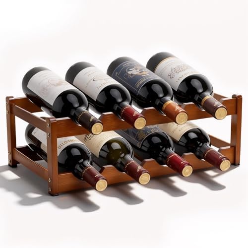 Fentar Weinregal für 8 Flaschen, 2-stöckiges Flaschenregal, Natürliches Weinregal Stapelbar aus Bambus, Stabiles Weinständer, Weinregale Schmal, Weinflaschenregal für Küche Bar Keller, 43*23.5*15cm